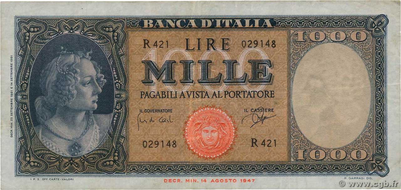 1000 Lire ITALIA  1961 P.088d MBC