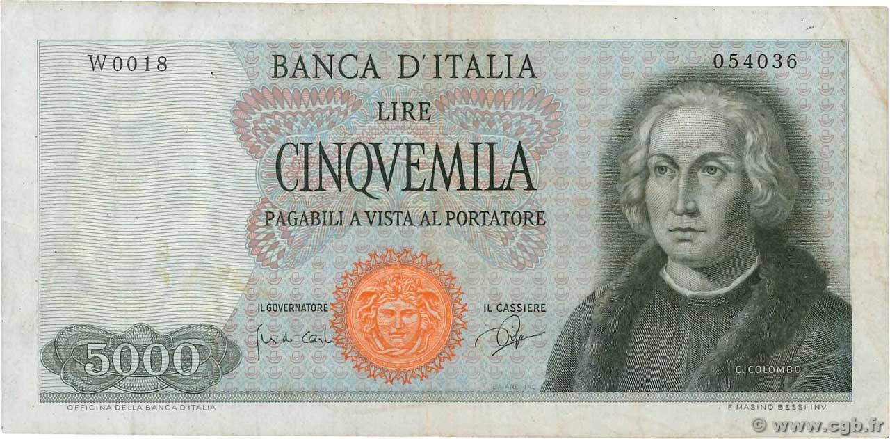 5000 Lire ITALIEN  1964 P.098a SS
