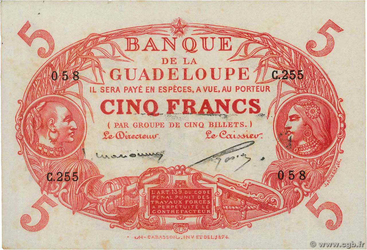 5 Francs Cabasson rouge GUADELOUPE  1943 P.07c SPL+