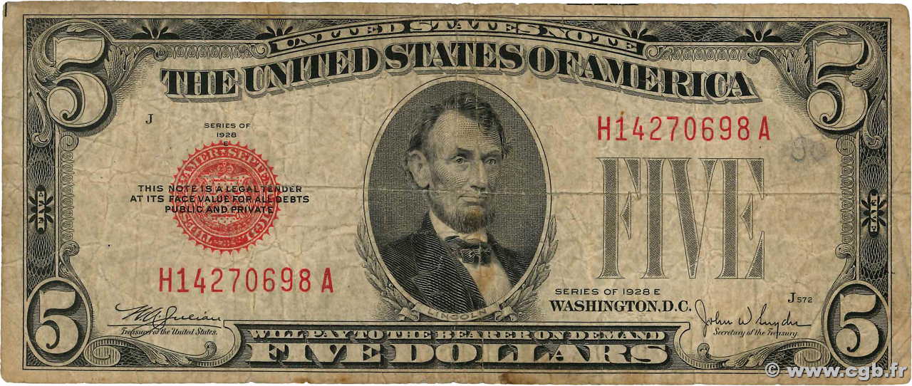 5 Dollars UNITED STATES OF AMERICA  1928 P.379e F