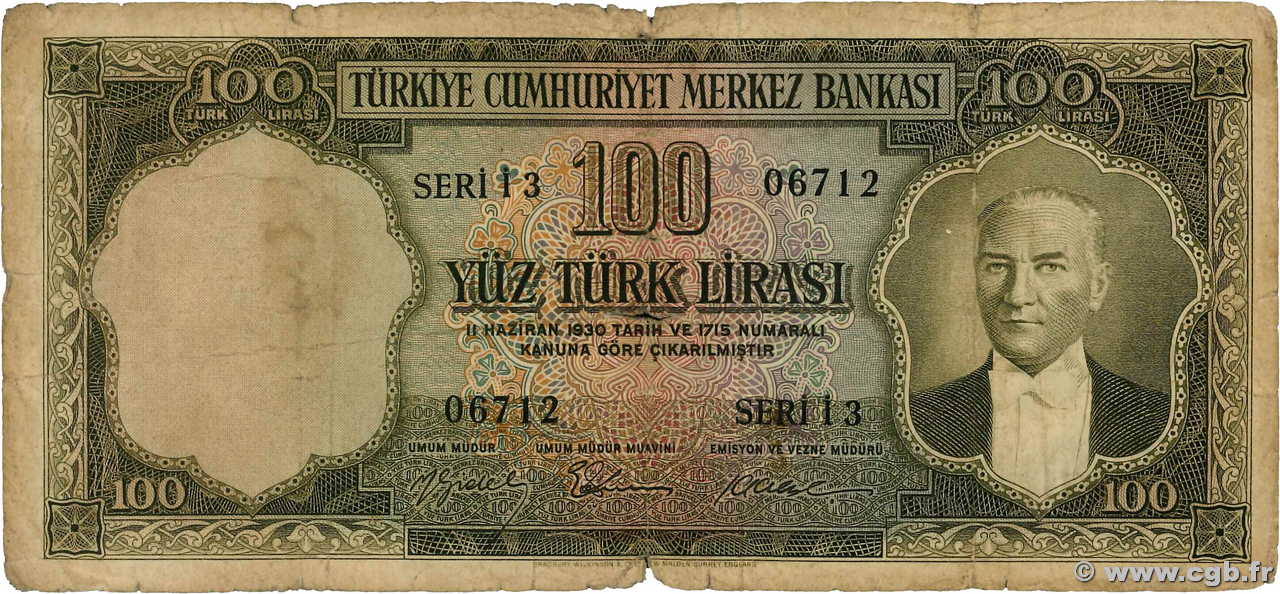 100 Lira TURKEY  1956 P.168a VG