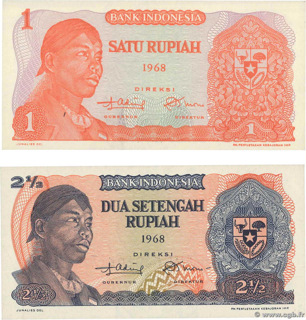 1 et 2,5 Rupiah Lot INDONESIA  1968 P.102 et 103 UNC
