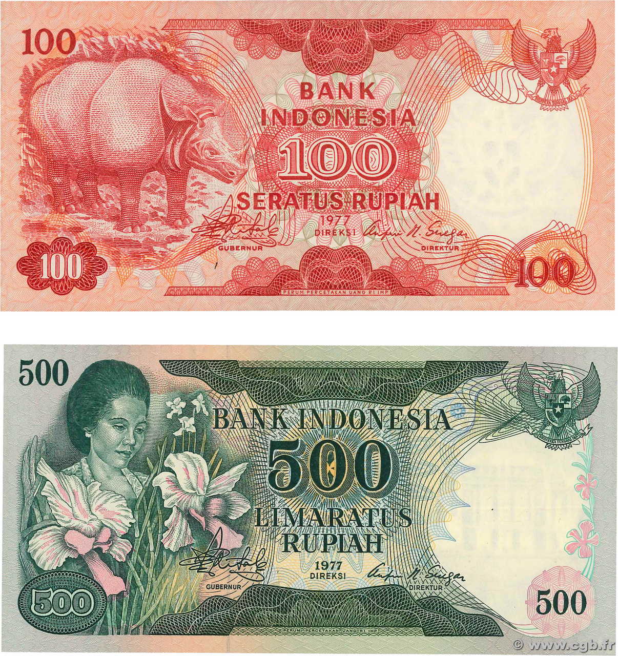 100 et  500 Rupiah Lot INDONESIA  1977 P.116 et 117 UNC
