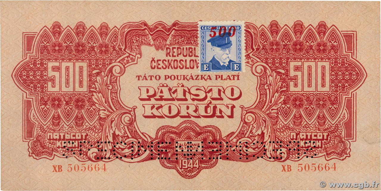 500 Korun Spécimen CZECHOSLOVAKIA  1945 P.055s AU-
