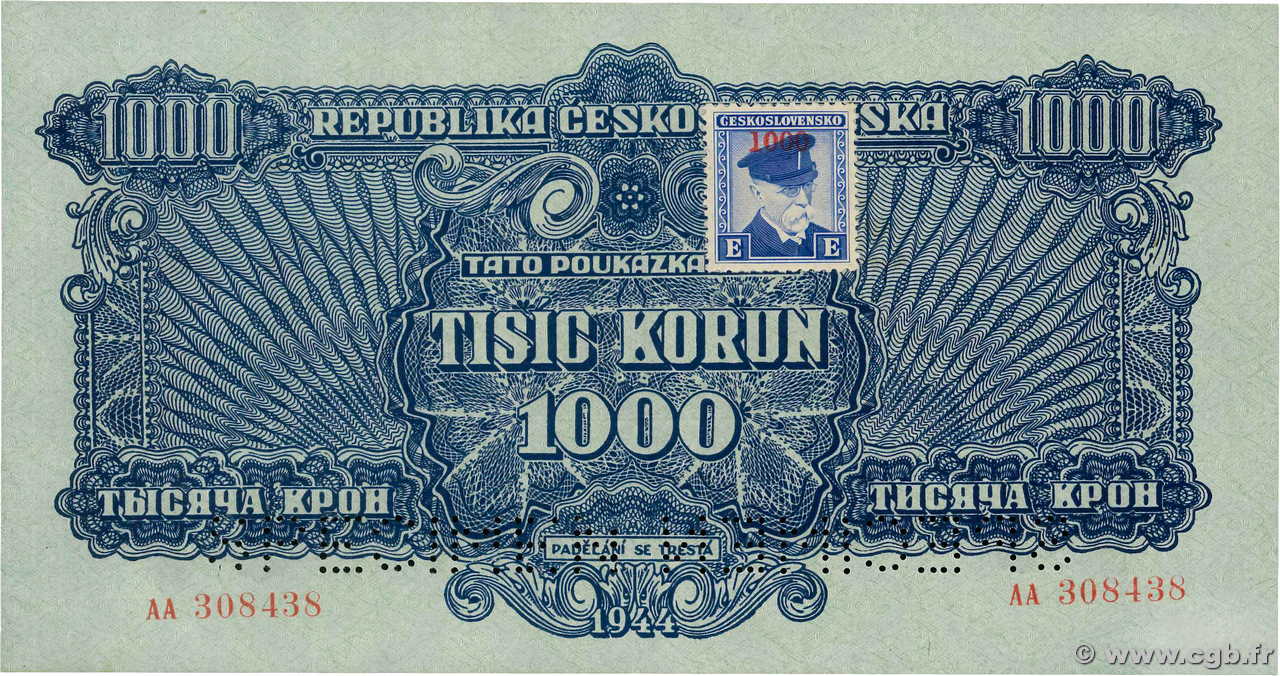 1000 Korun Spécimen TSCHECHOSLOWAKEI  1945 P.057s fST