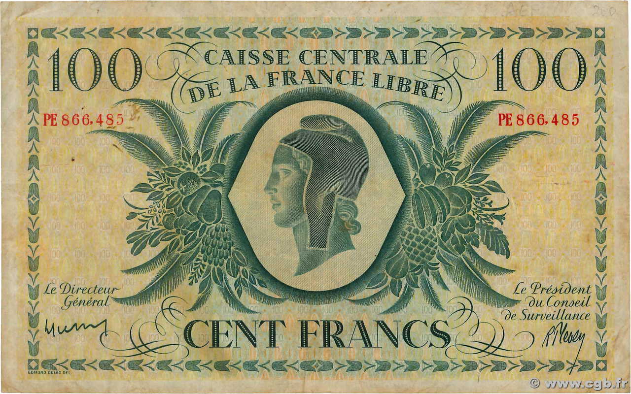 100 Francs REUNION ISLAND  1945 P.37c VF-
