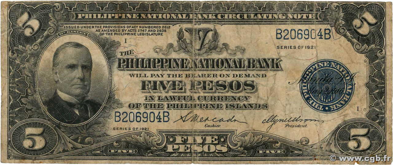 5 Pesos FILIPPINE  1921 P.053 q.MB
