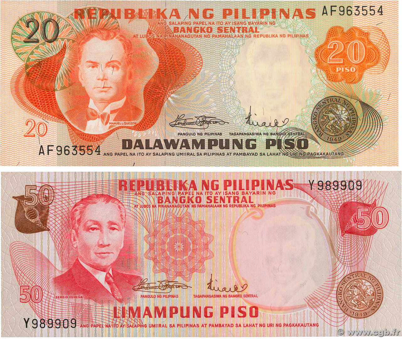 20 et 50 Pesos Lot FILIPINAS  1970 P.150 et 151 FDC