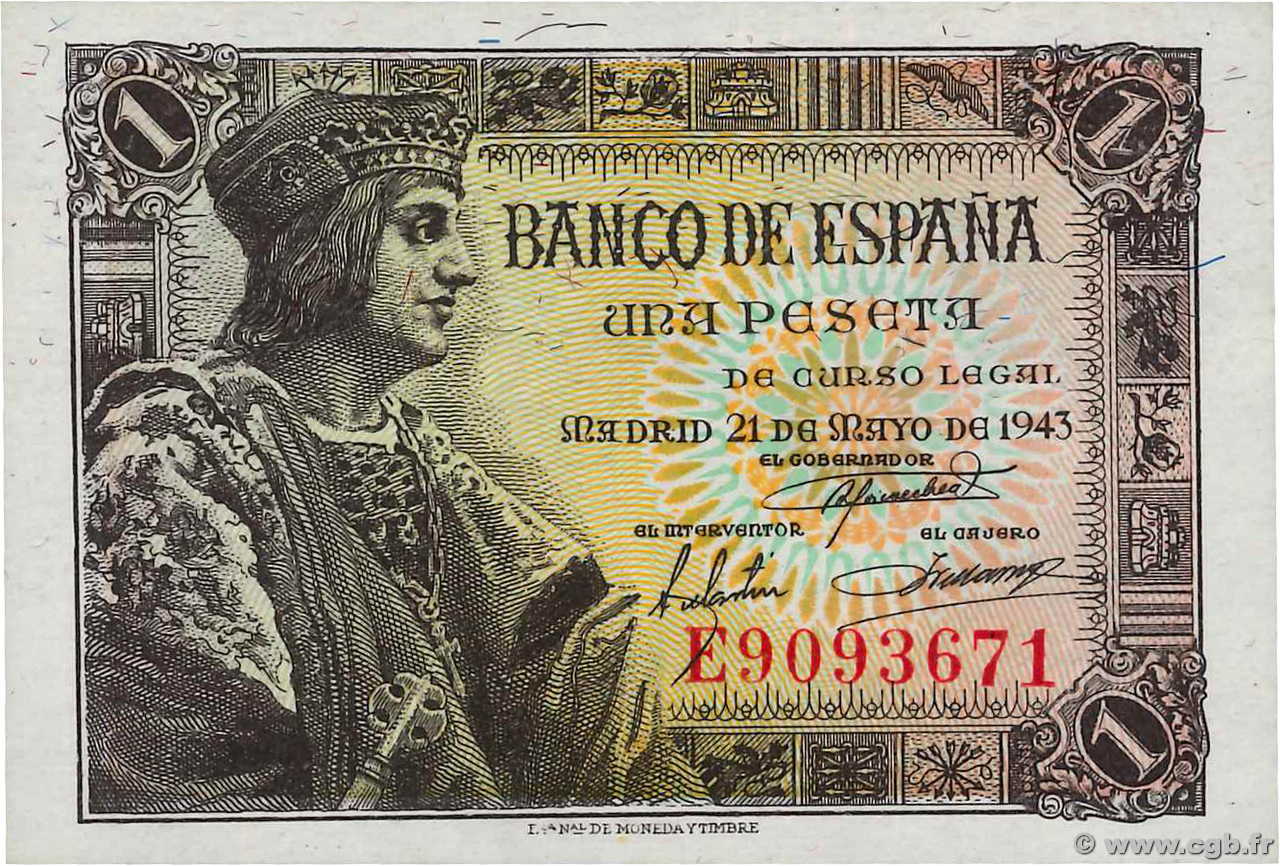 1 Peseta SPAIN  1943 P.126a UNC