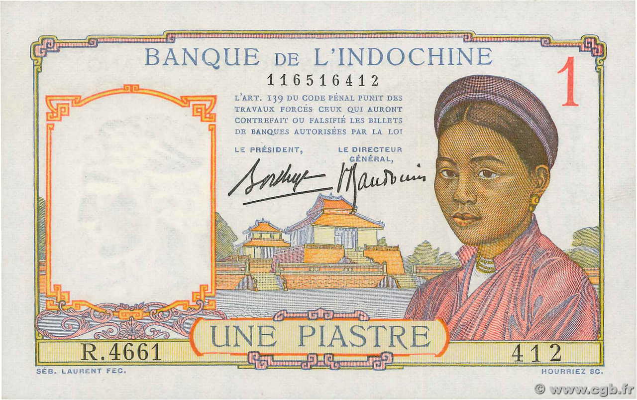 1 Piastre FRENCH INDOCHINA  1936 P.054b UNC-