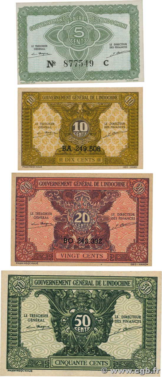 5 au 50 Cents Lot INDOCHINE FRANÇAISE  1942 P.088 et P.091 SPL à NEUF