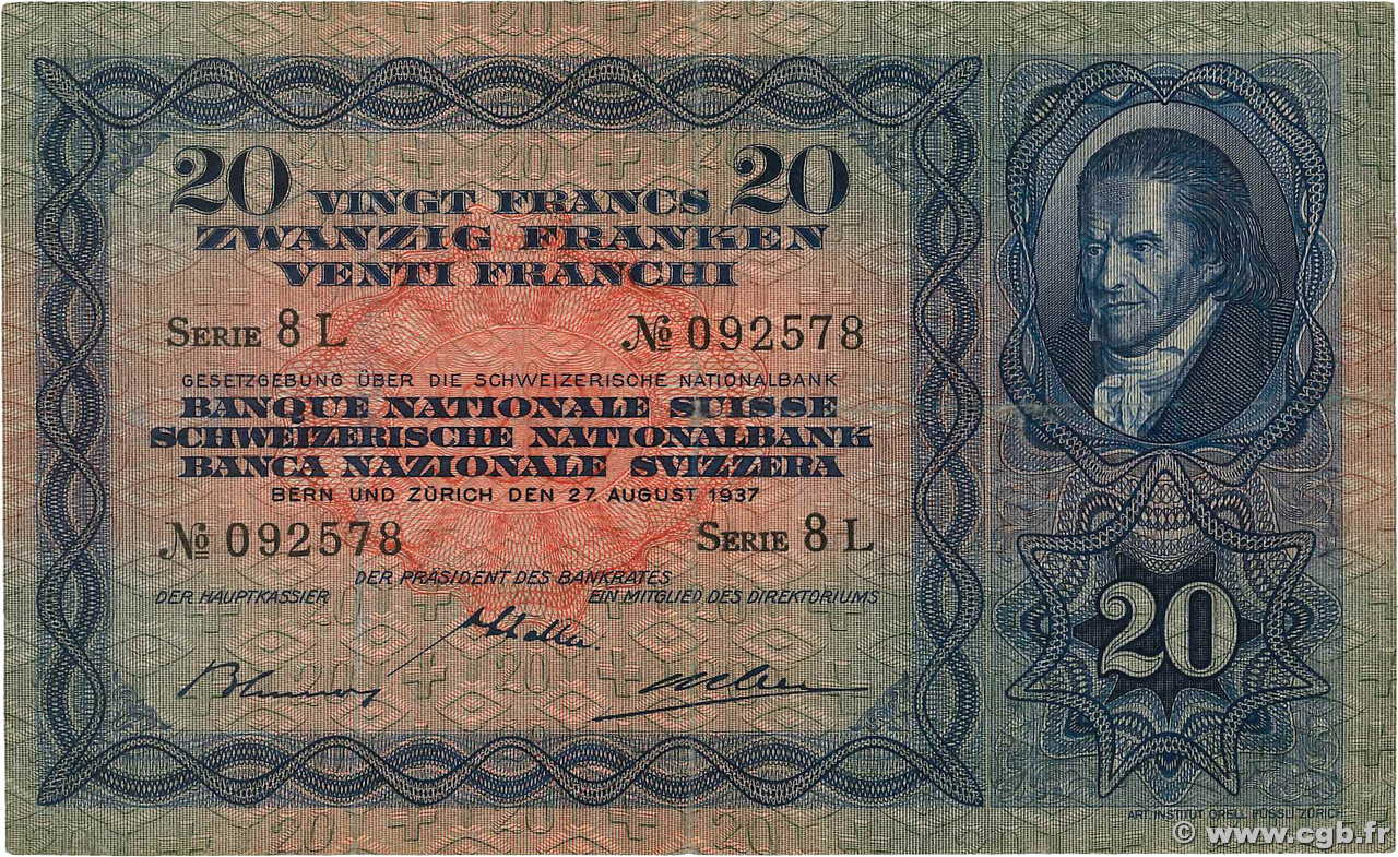 20 Francs SWITZERLAND  1937 P.39f VF