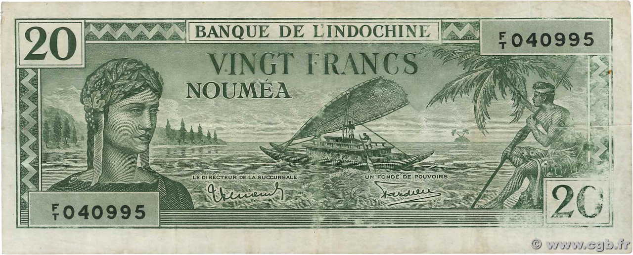 20 Francs NEW CALEDONIA  1944 P.49 VF-
