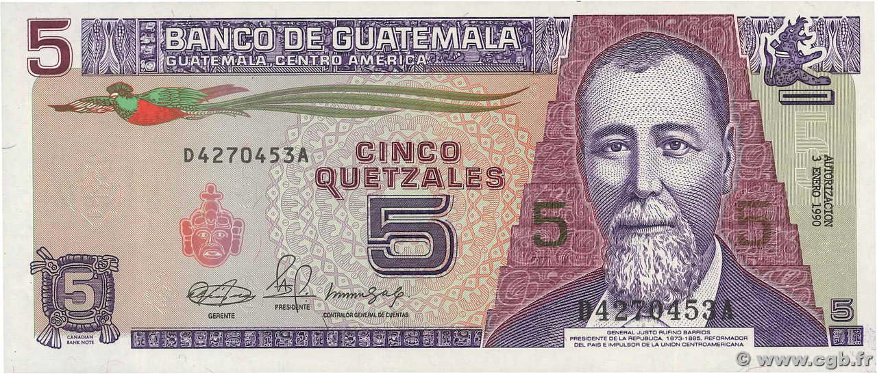 5 Quetzales GUATEMALA  1990 P.074a UNC