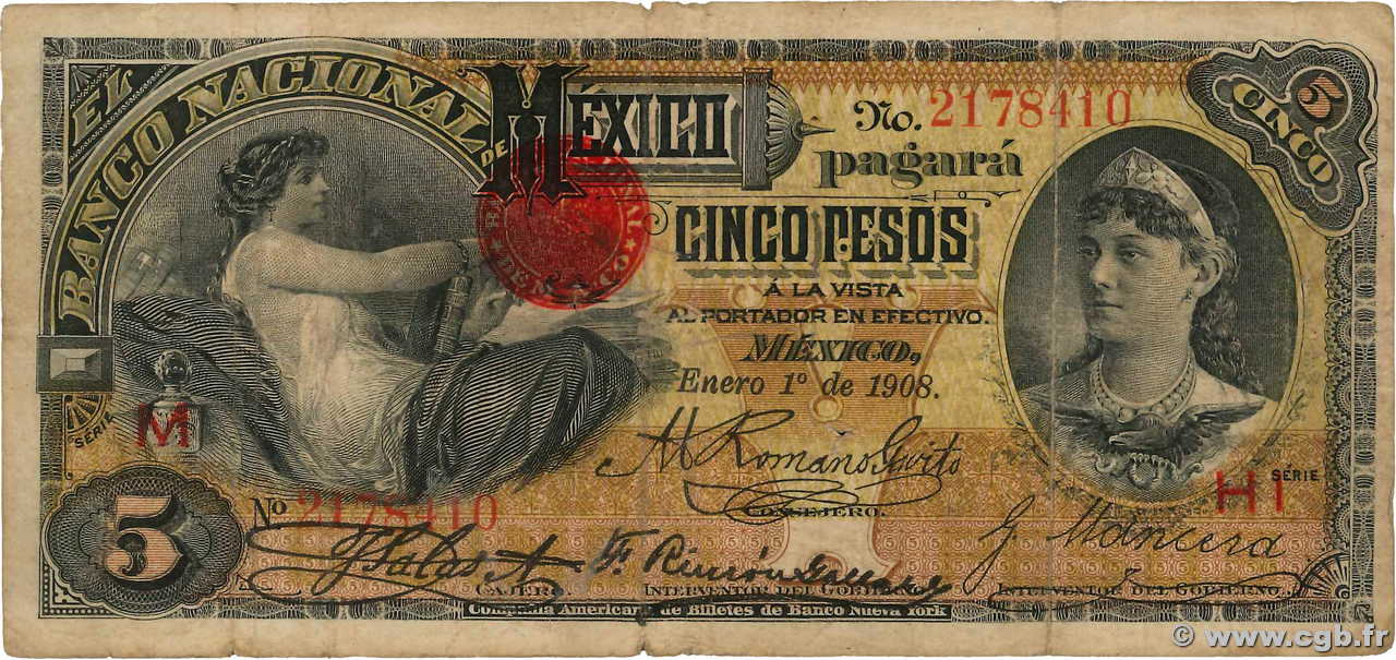 5 Pesos MEXICO  1909 PS.0257c MB