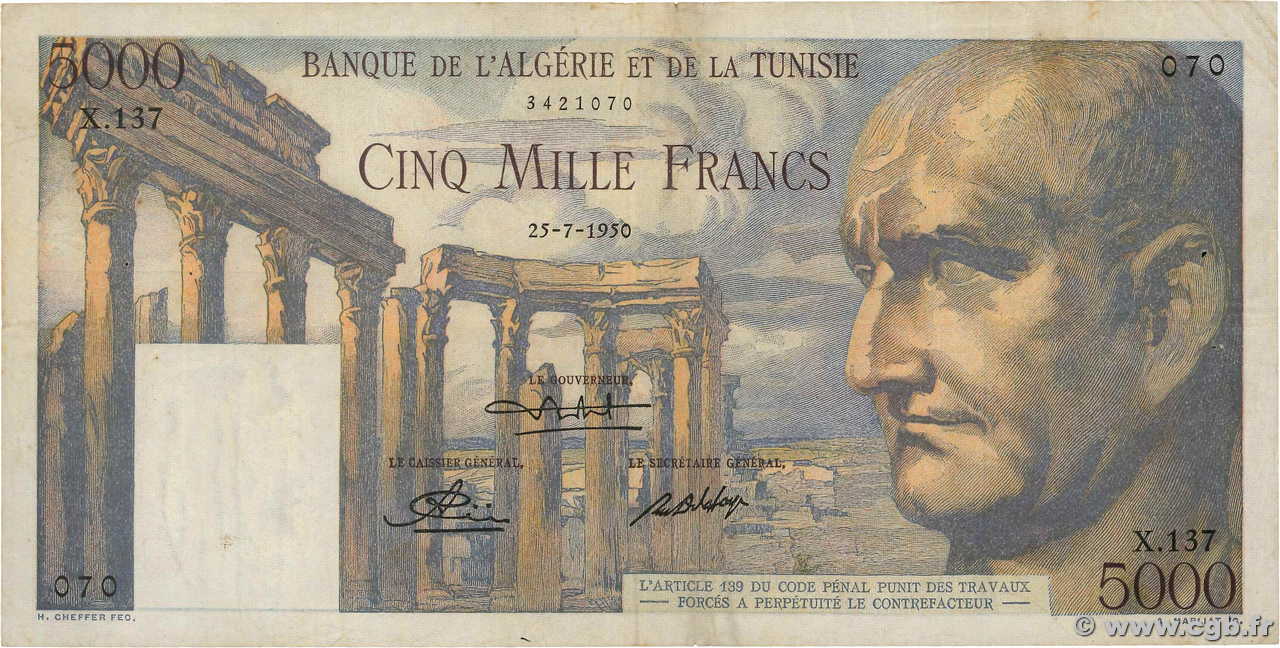 5000 Francs TUNISIA  1950 P.30 BB