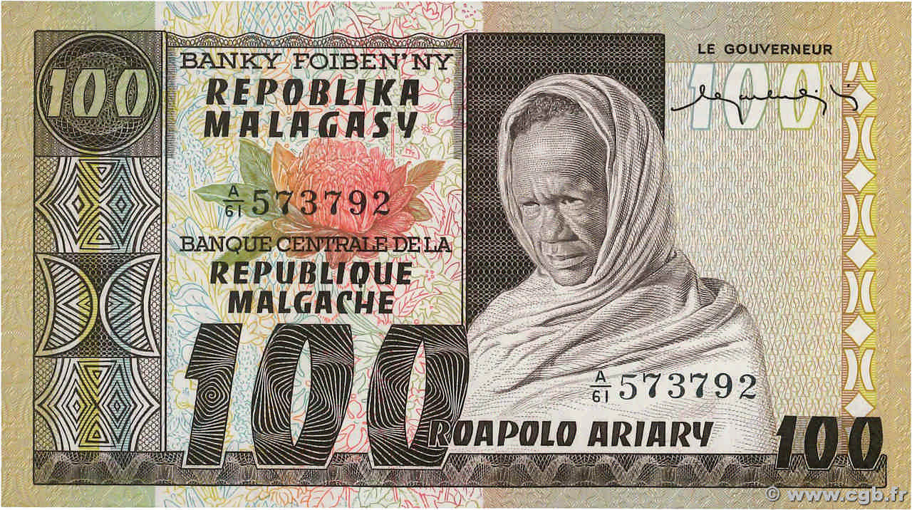 100 Francs - 20 Ariary MADAGASCAR  1974 P.063a NEUF