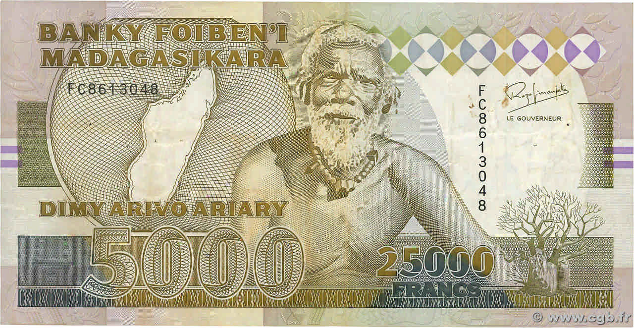 25000 Francs - 5000 Ariary MADAGASKAR  1993 P.074Aa SS