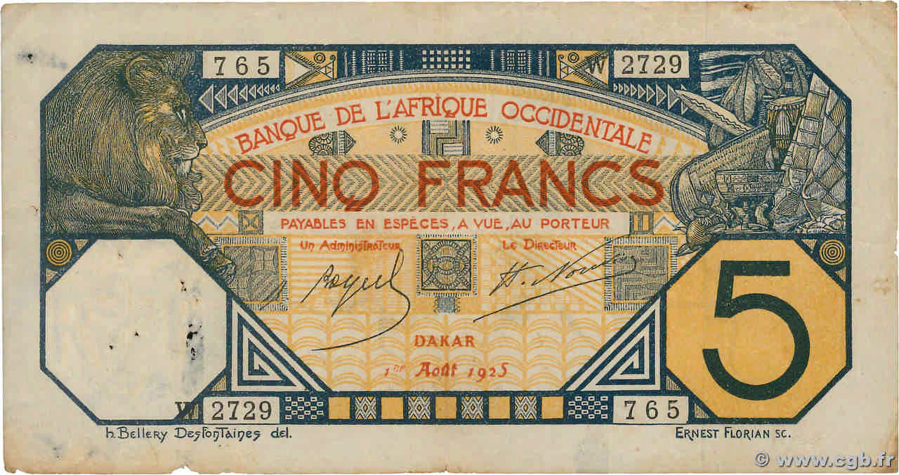 5 Francs DAKAR FRENCH WEST AFRICA Dakar 1925 P.05Bc BC+