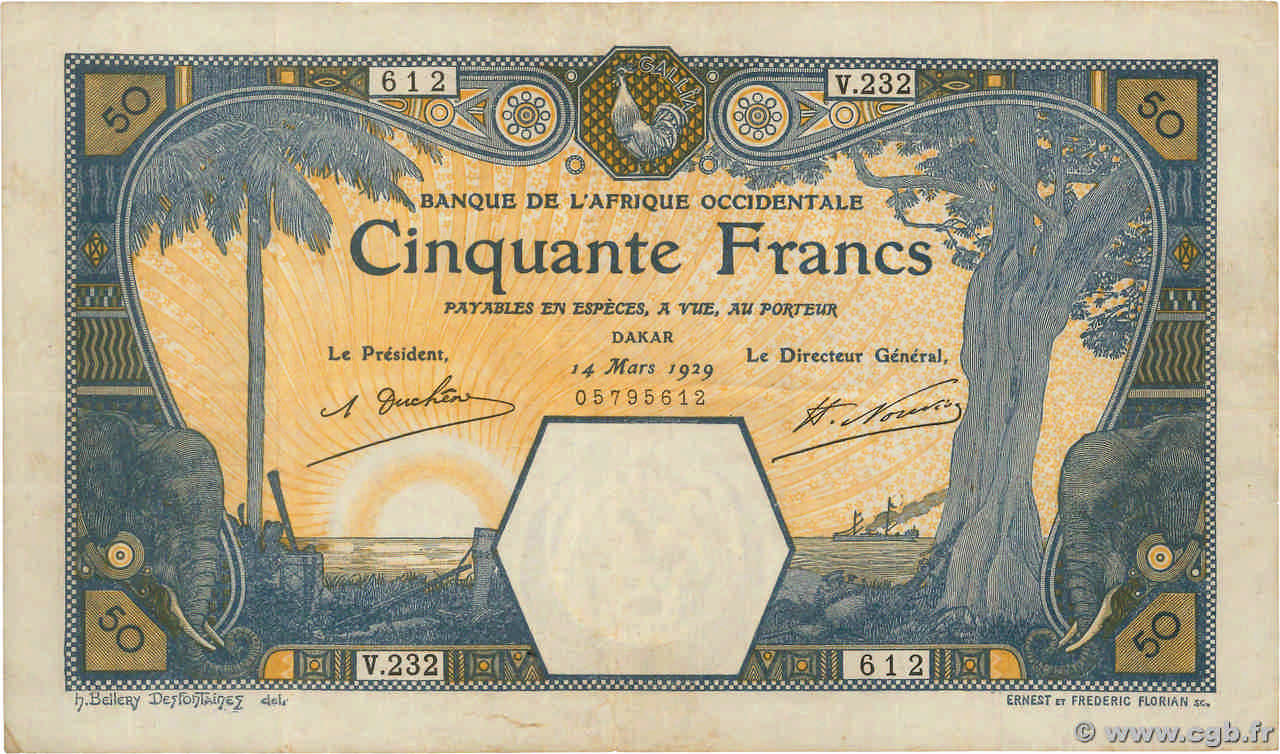 50 Francs DAKAR FRENCH WEST AFRICA Dakar 1929 P.09Bc SS