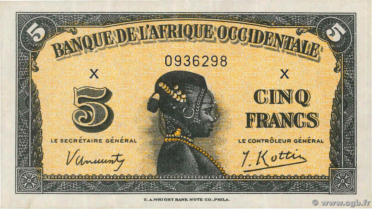 5 Francs AFRIQUE OCCIDENTALE FRANÇAISE (1895-1958)  1942 P.28a SUP