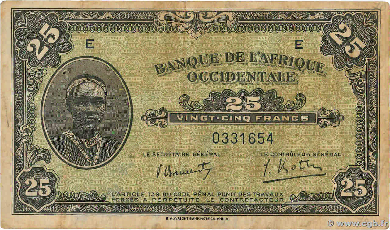 25 Francs FRENCH WEST AFRICA  1942 P.30a BC