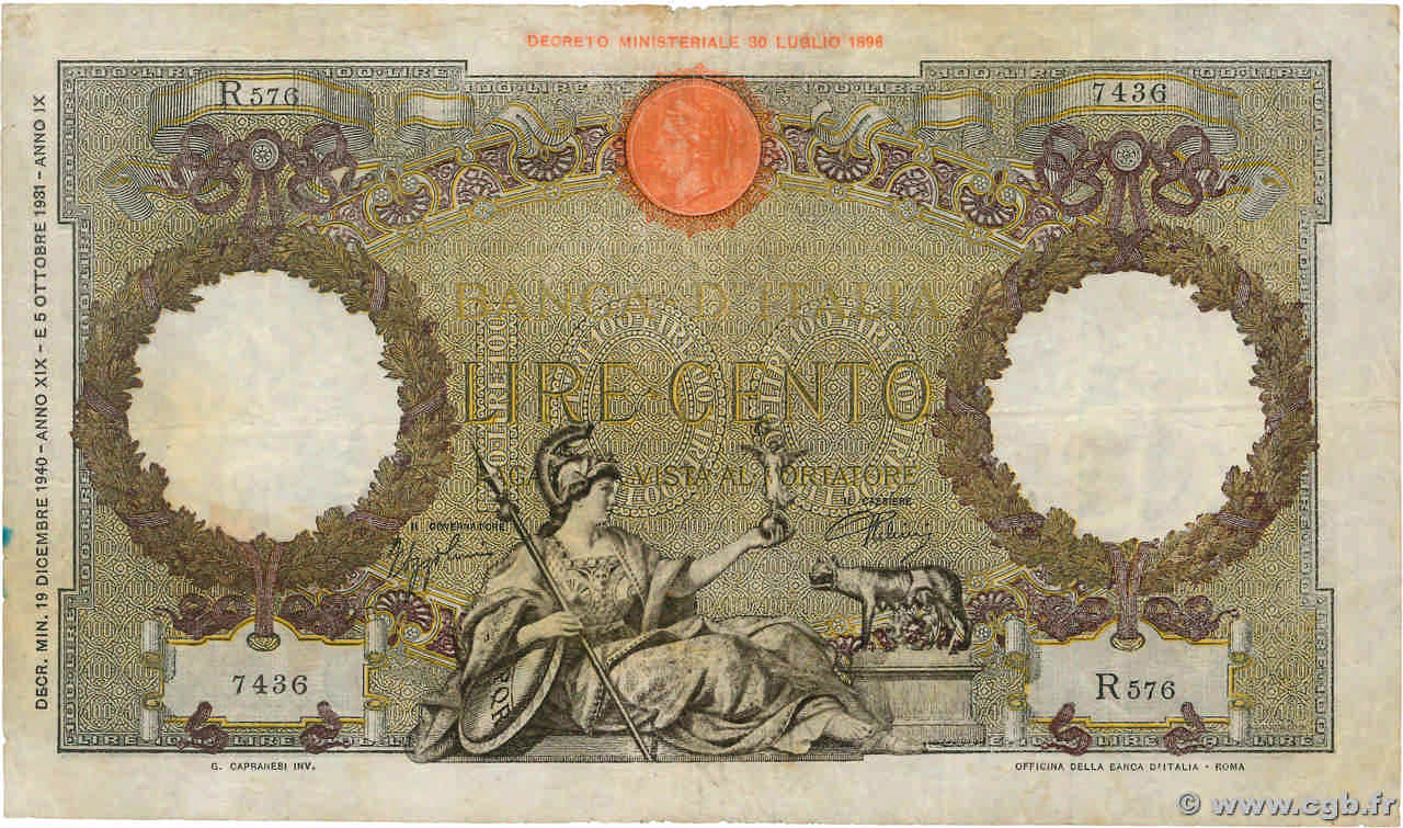 100 Lire ITALIA  1940 P.055b q.BB