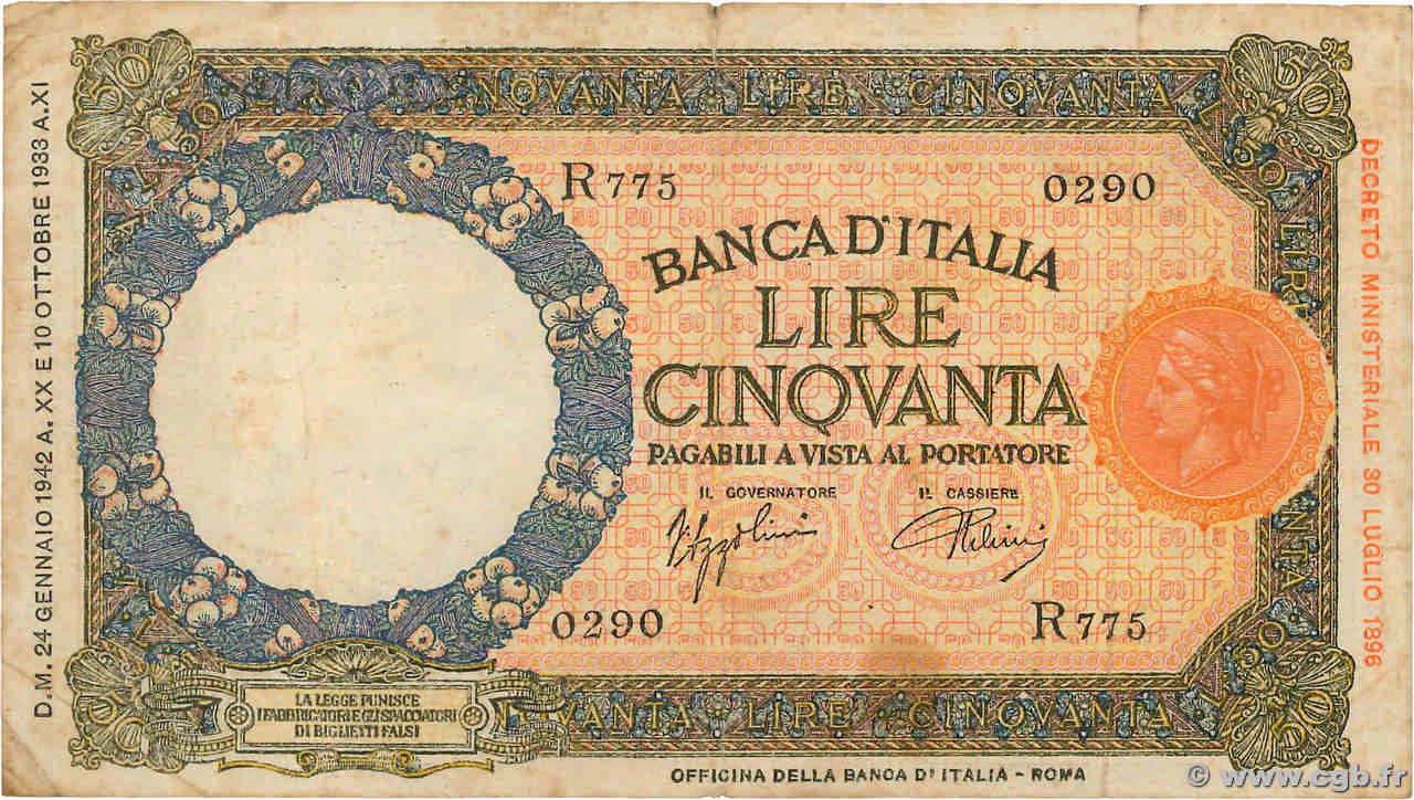 50 Lire ITALIA  1942 P.057 BC