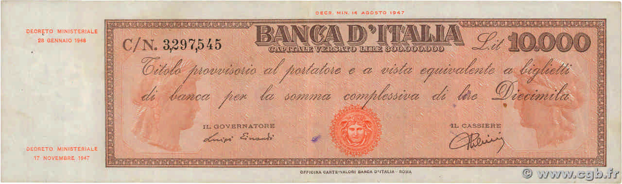 10000 Lire ITALY  1947 P.087a VF
