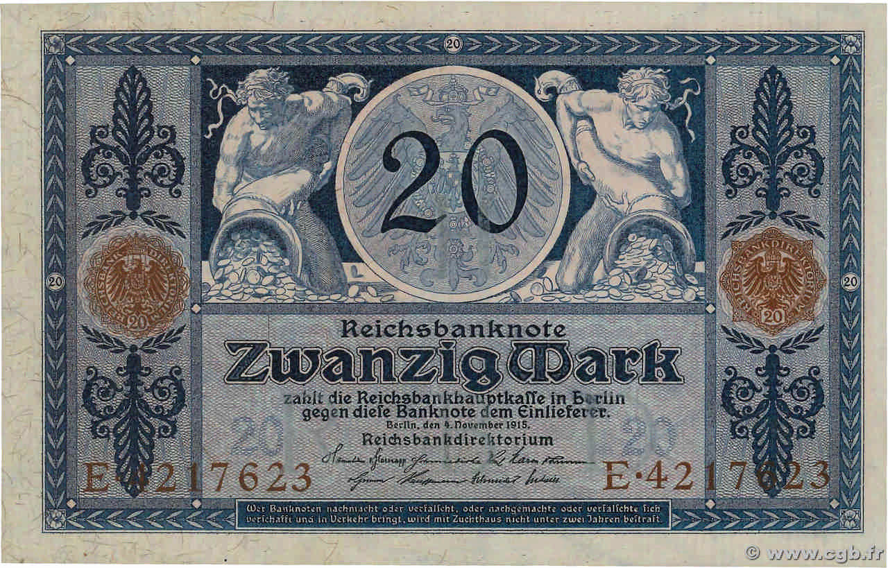 20 Mark GERMANY  1915 P.063 UNC-