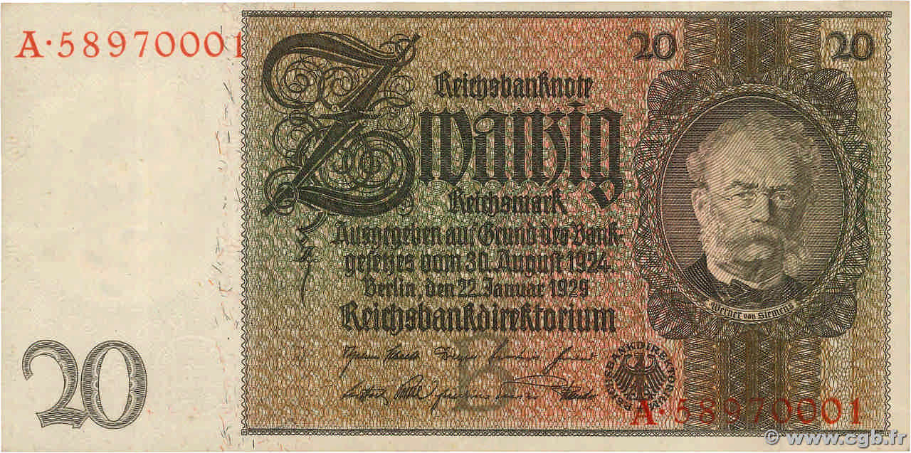 20 Reichsmark ALLEMAGNE  1929 P.181a SUP