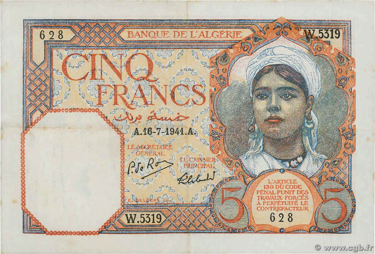5 Francs ALGÉRIE  1941 P.077b TTB+