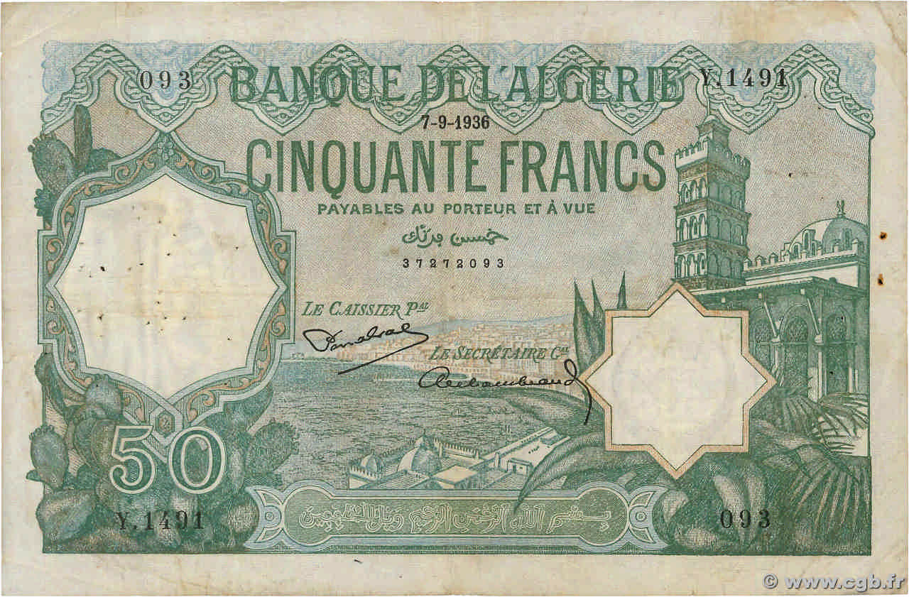 50 Francs ALGÉRIE  1936 P.080a pr.TTB