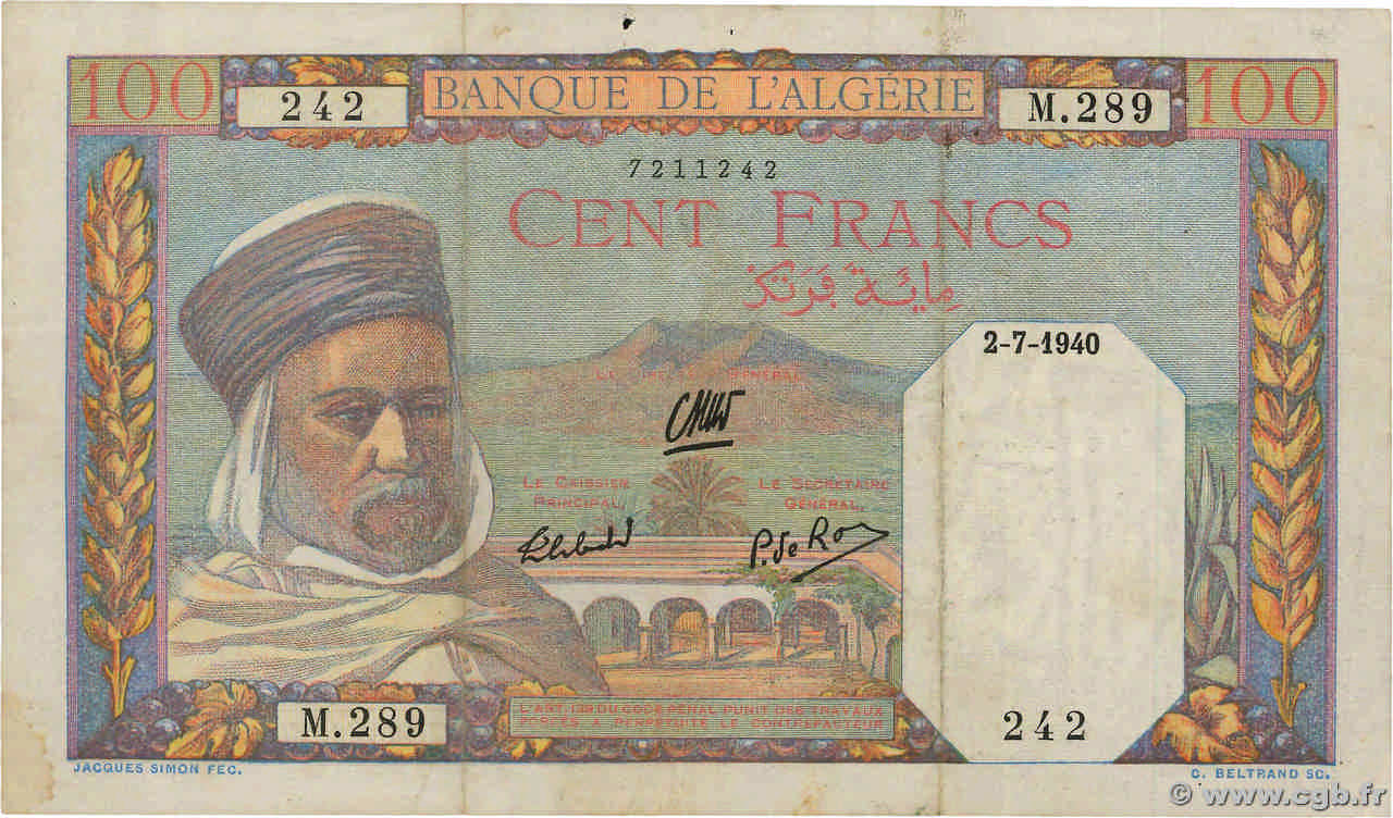 100 Francs ALGÉRIE  1940 P.085 TTB