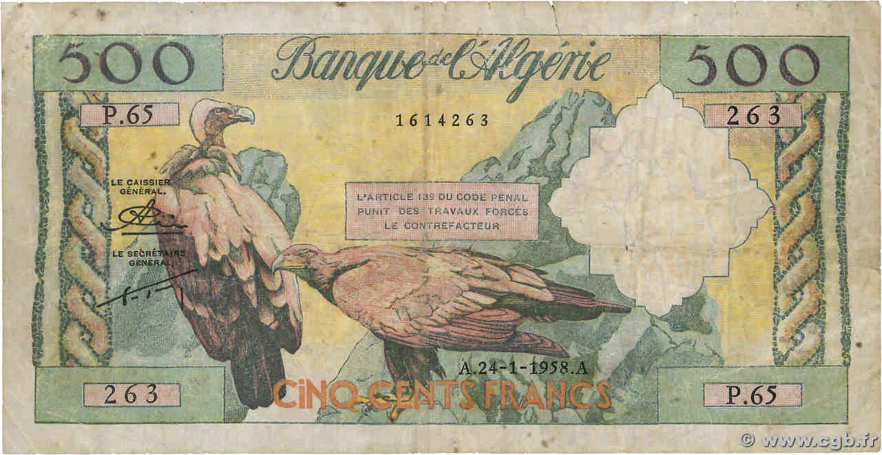 500 Francs ALGÉRIE  1958 P.117 pr.TB