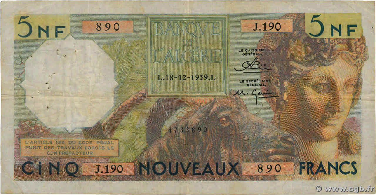 5 Nouveaux Francs ALGÉRIE  1959 P.118a TB+