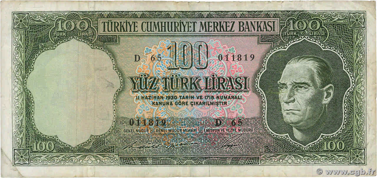 100 Lira TURQUIE  1966 P.182b pr.TTB