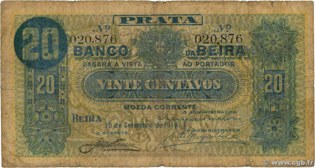 20 Centavos MOZAMBIQUE Beira 1919 P.R02a B