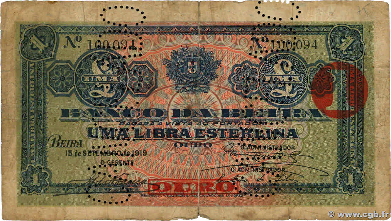 1 Libra Esterlinas MOZAMBIQUE Beira 1919 P.R07b pr.B
