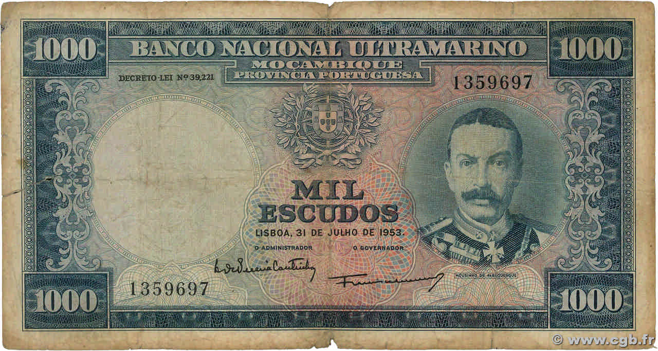 1000 Escudos MOZAMBIQUE  1953 P.105a B+