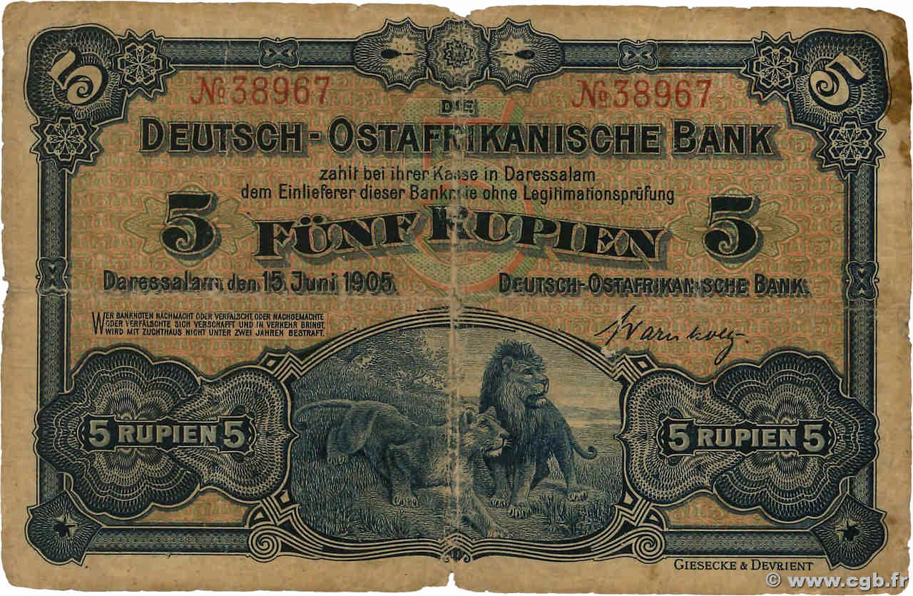 5 Rupien AFRIQUE DE L EST occ. ALLEMANDE  1905 P.01 B+