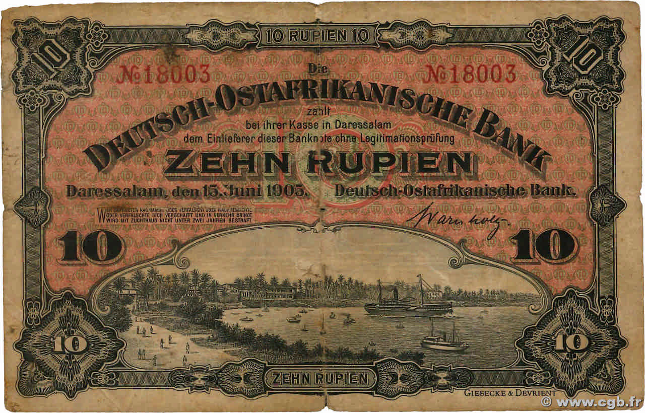 10 Rupien AFRIQUE DE L EST occ. ALLEMANDE  1905 P.02 TB
