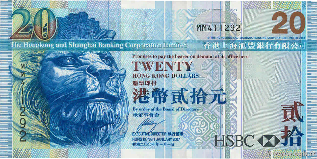 20 Dollars HONG KONG  2007 P.207d NEUF
