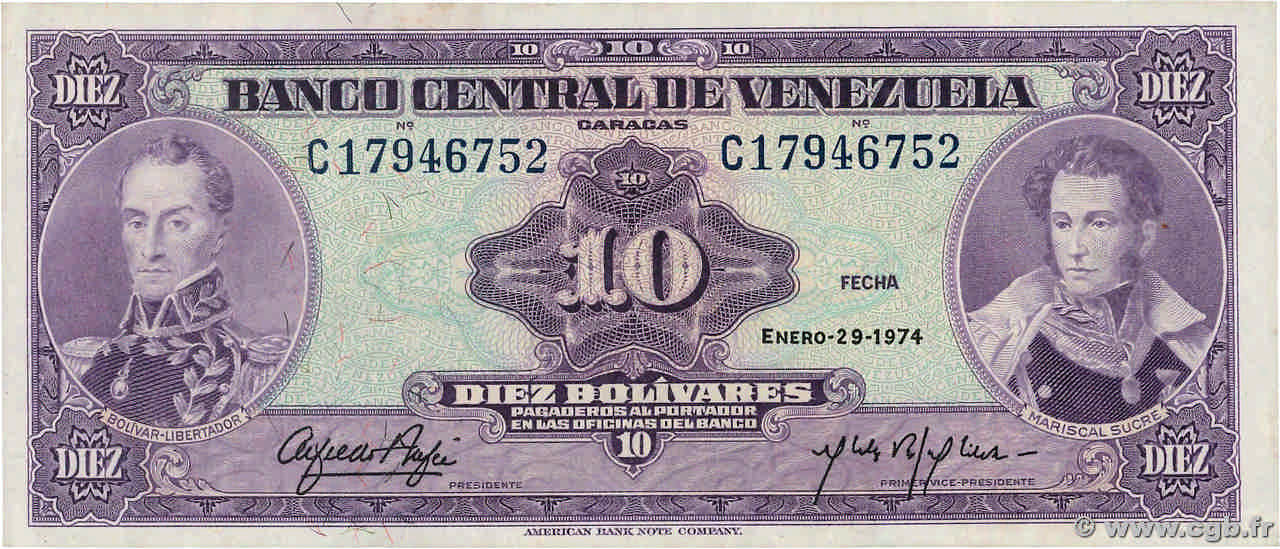 10 Bolivares VENEZUELA  1974 P.051d XF