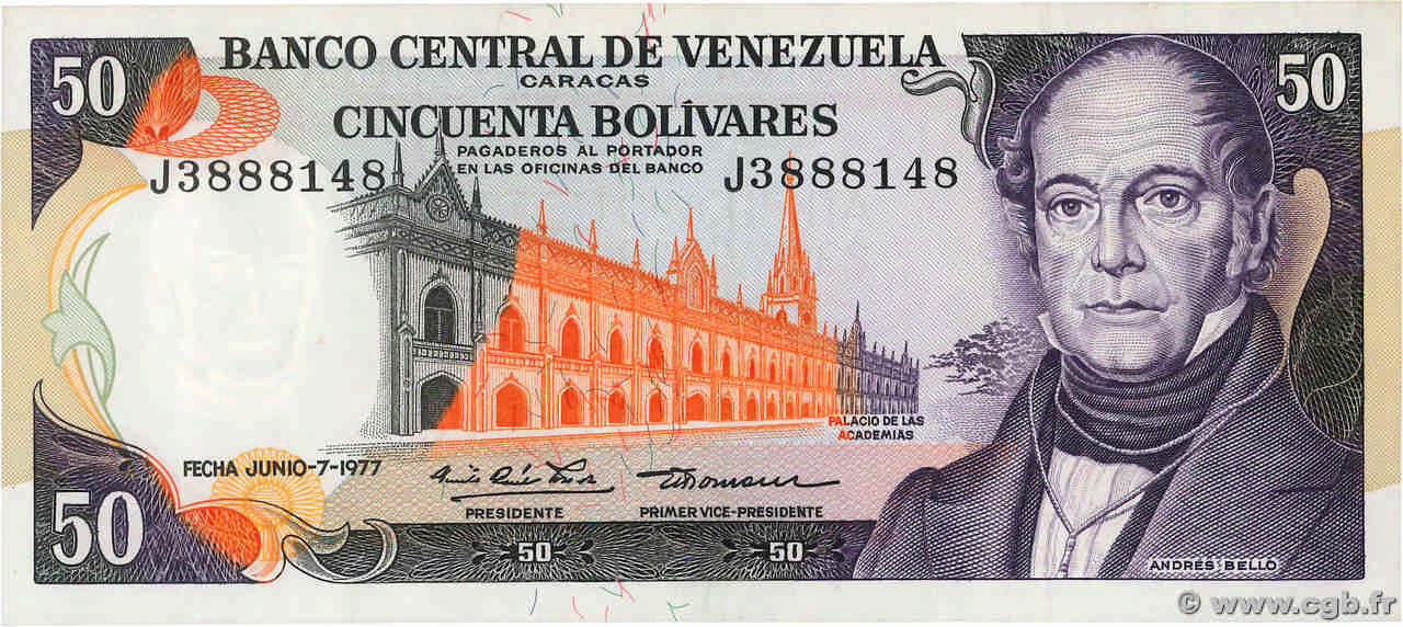50 Bolivares VENEZUELA  1977 P.054d XF+