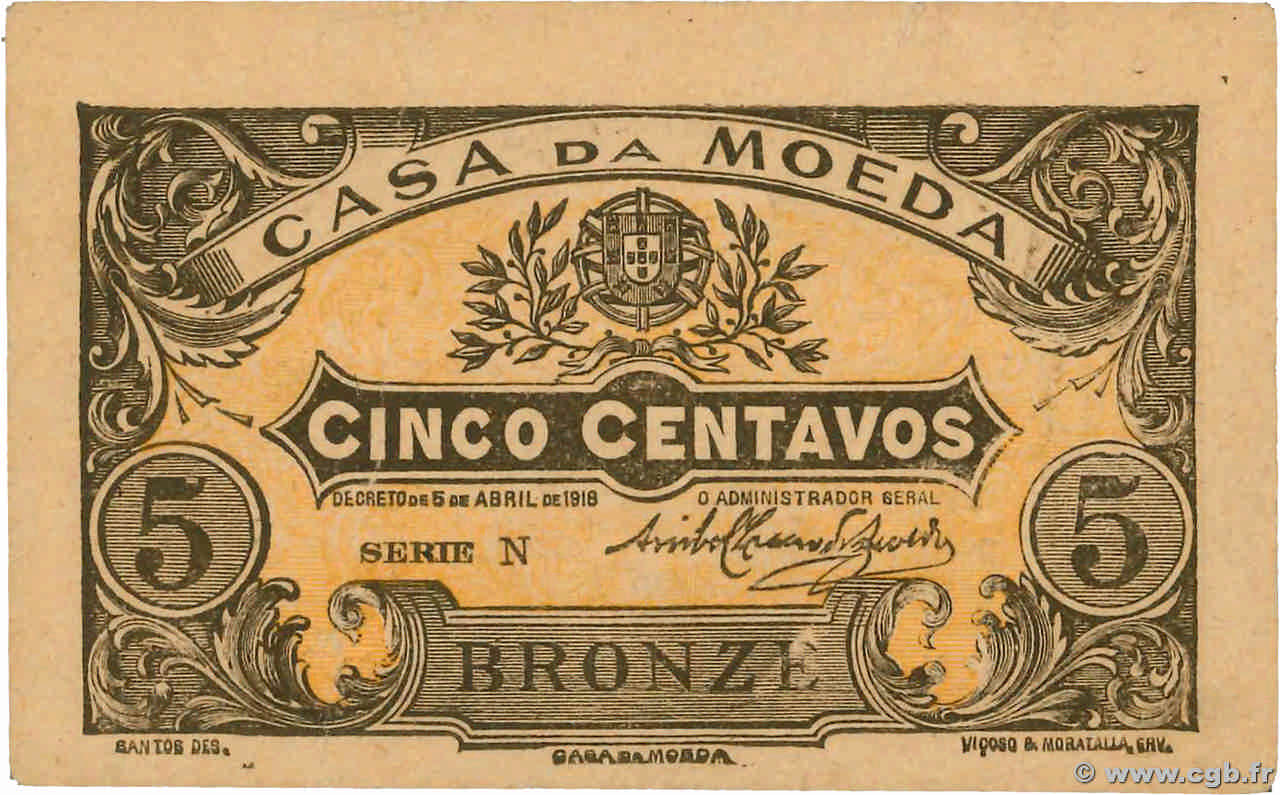 5 Centavos PORTOGALLO  1918 P.099 SPL