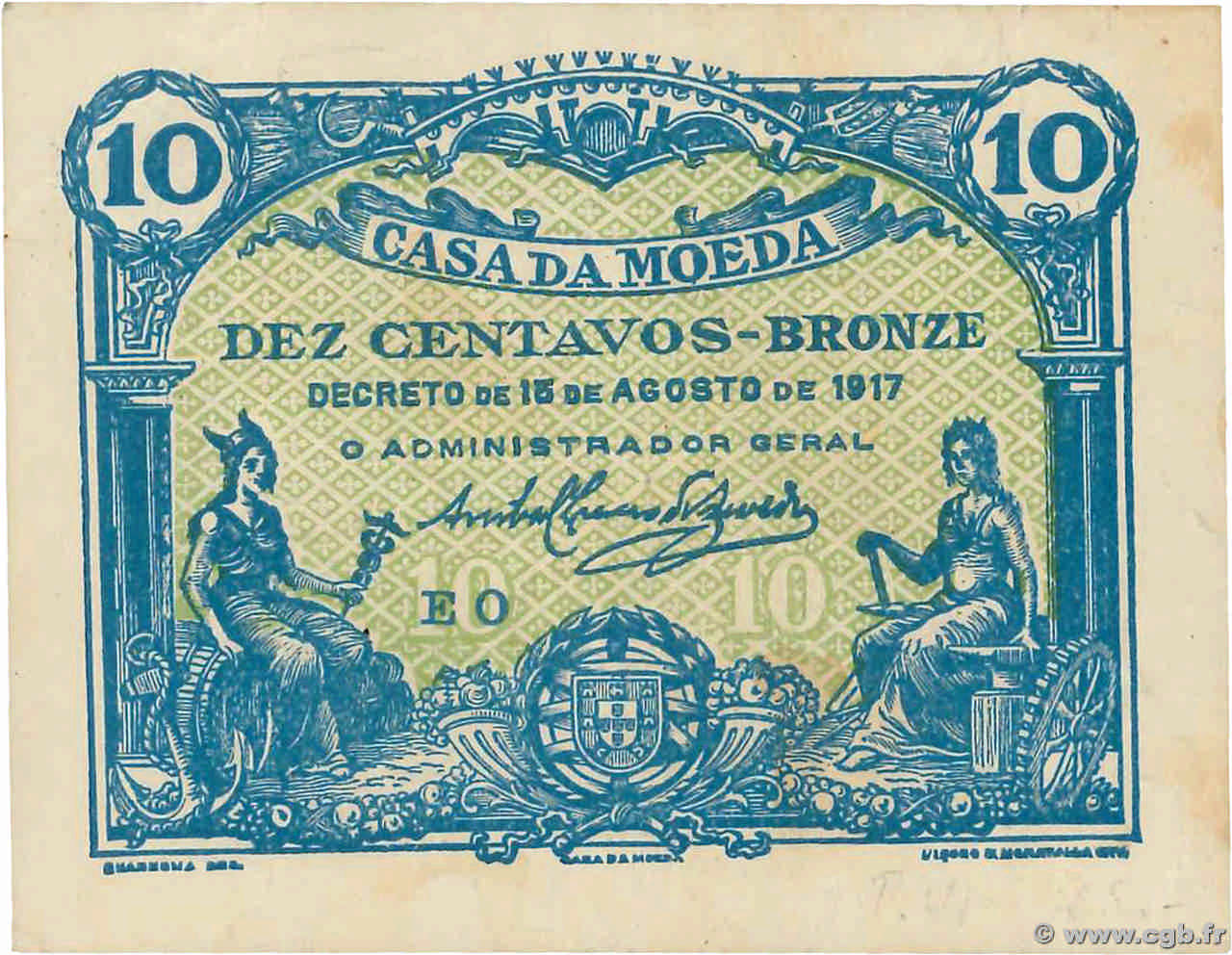 10 Centavos PORTUGAL  1917 P.095c TTB