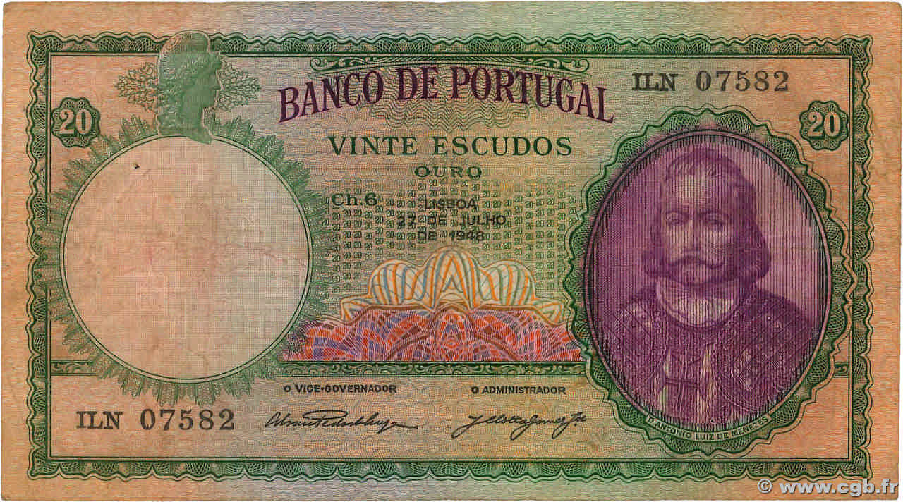 20 Escudos PORTUGAL  1948 P.153a BC