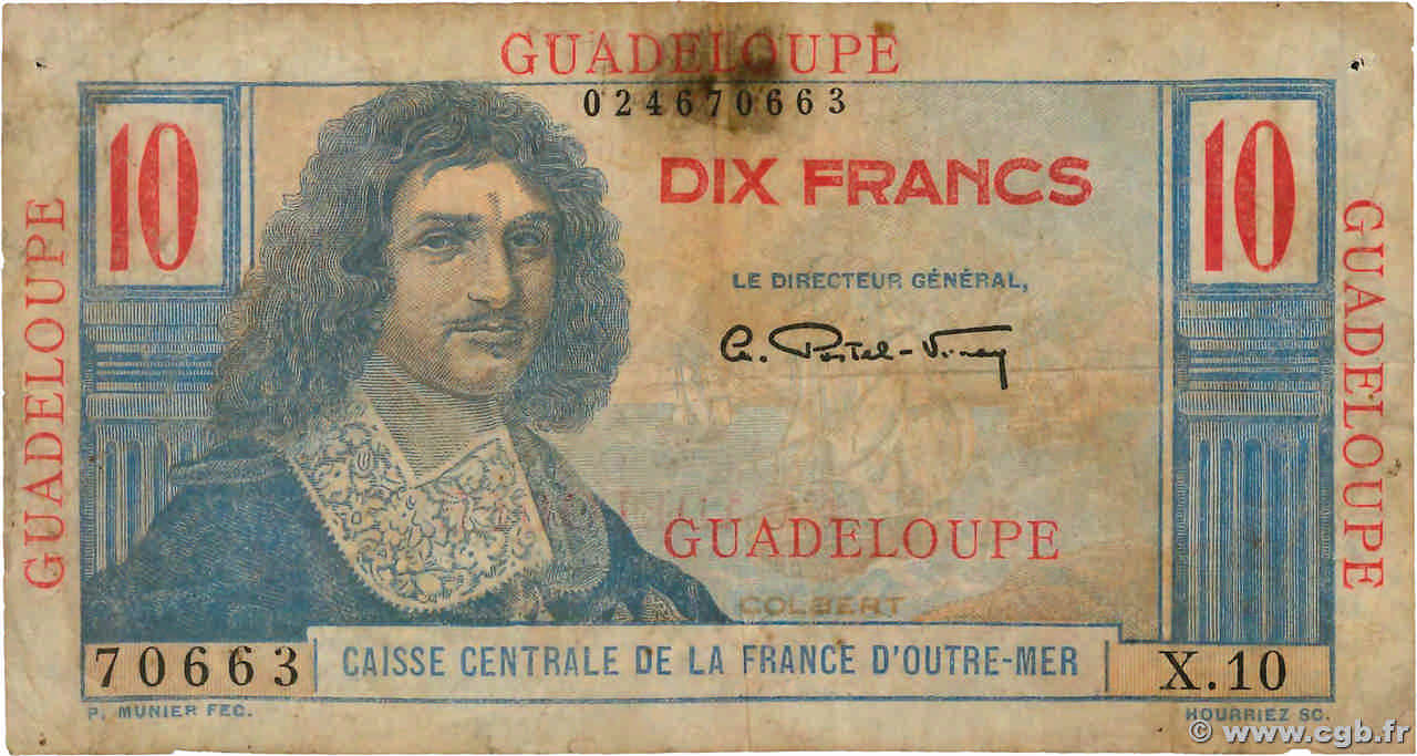 10 Francs Colbert GUADELOUPE  1946 P.32 fS