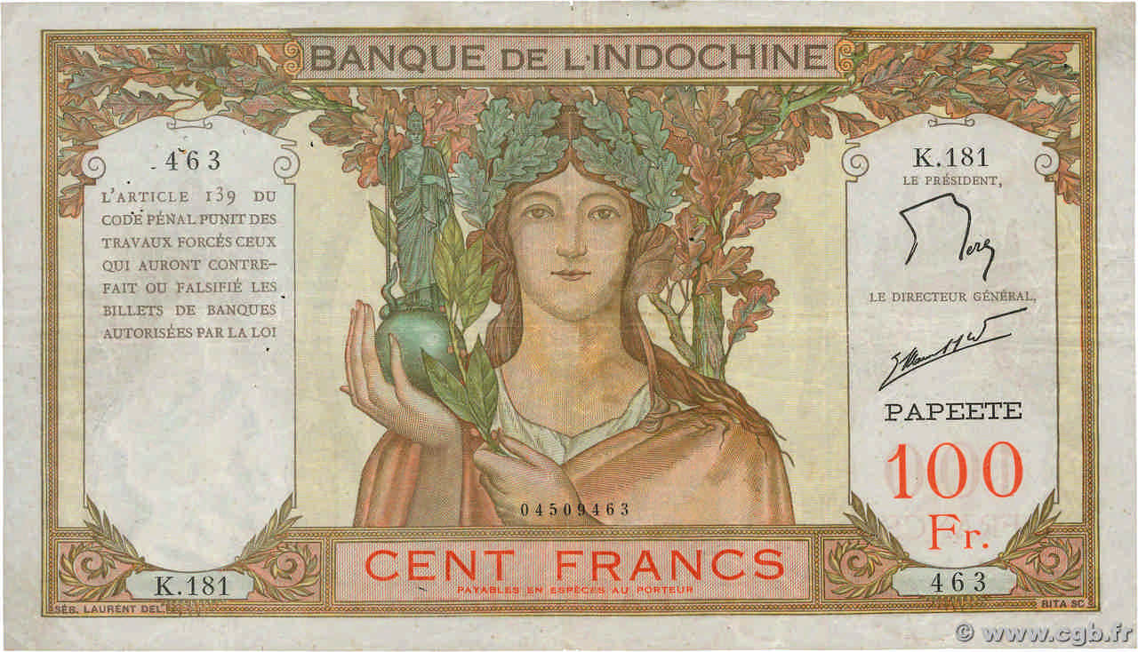 100 Francs TAHITI  1961 P.14d VF